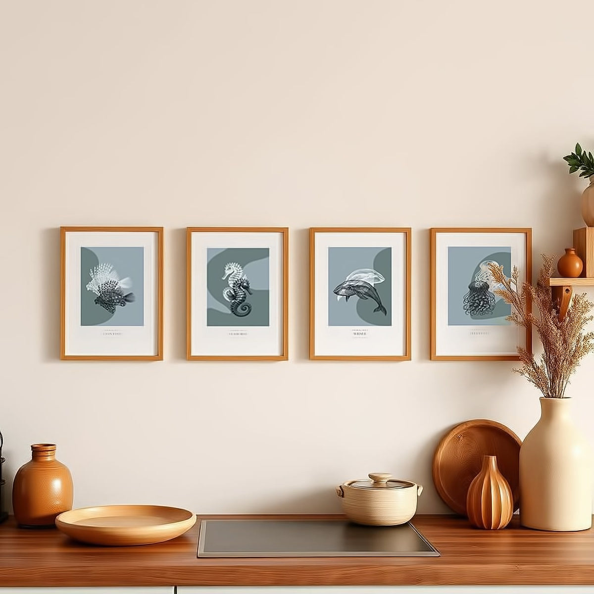 Dosenritter | minimalistische Sealife Wandbilder in einem modernen blaugrau, abstrakte Druckbilder für Esszimmer