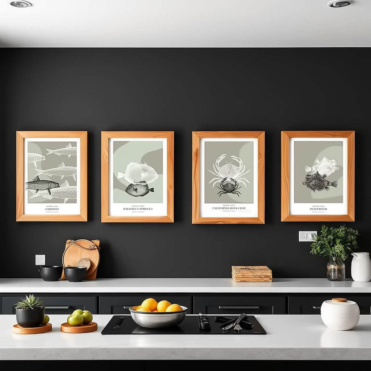 Dosenritter | minimalistische Sealife Wandbilder in einem modernen oliv, abstrakte Druckbilder für Esszimmer