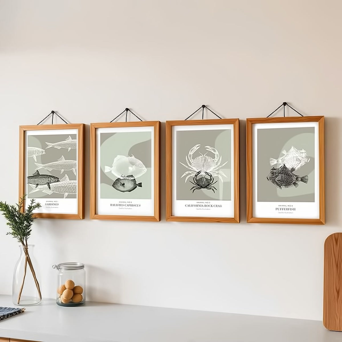 Dosenritter | minimalistische Sealife Wandbilder in einem modernen oliv, abstrakte Druckbilder für Esszimmer