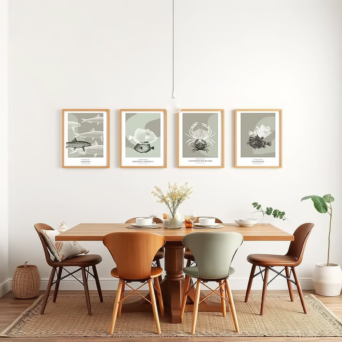 Dosenritter | minimalistische Sealife Wandbilder in einem modernen oliv, abstrakte Druckbilder für Esszimmer