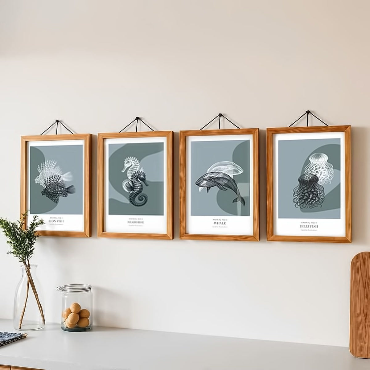Dosenritter | minimalistische Sealife Wandbilder in einem modernen blaugrau, abstrakte Druckbilder für Esszimmer
