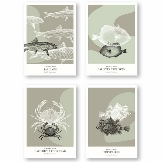 Dosenritter | minimalistische Sealife Wandbilder in einem modernen oliv, abstrakte Druckbilder für Esszimmer